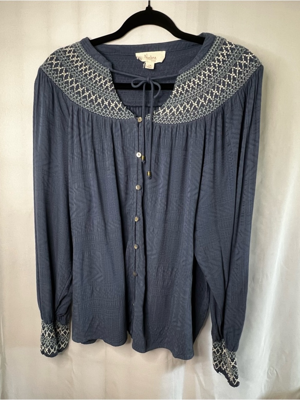 Westbound Blue Embroidered Yoke Button-Up Blouse